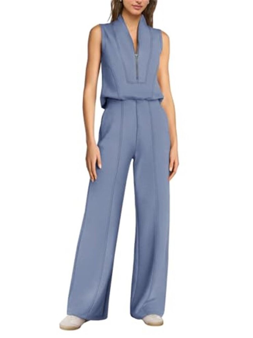 Women's Jumpsuit Dressy Sleeveless Shawl Collar Half Zip Jumpsuit